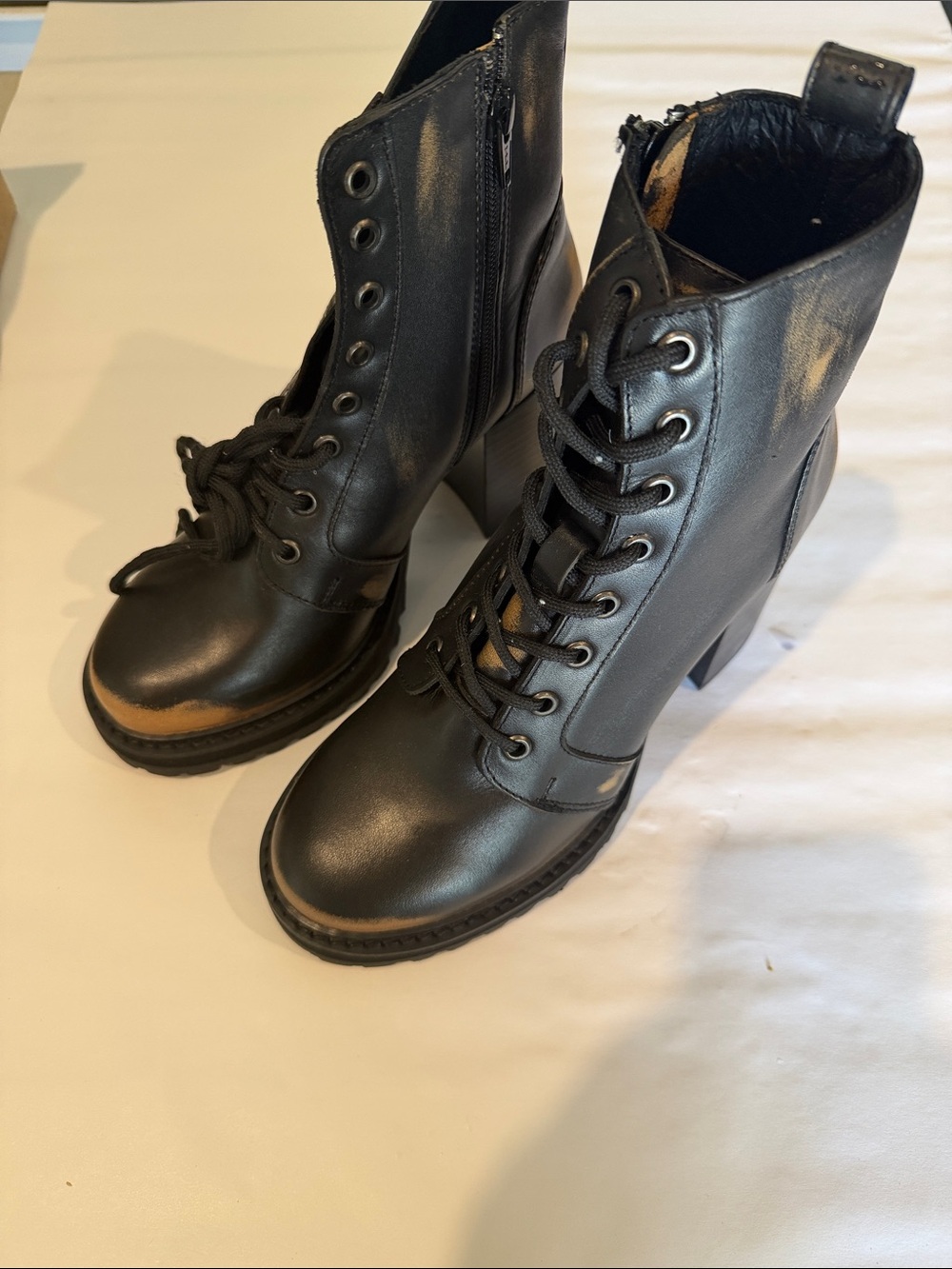 Steve Madden Rivet Distressed Black Lace-Up Chunky Heel Ankle Boots